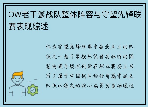 OW老干爹战队整体阵容与守望先锋联赛表现综述