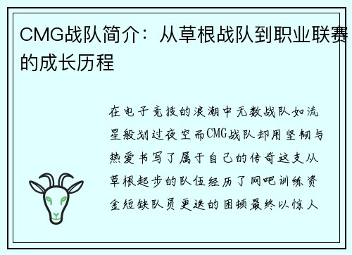 CMG战队简介：从草根战队到职业联赛的成长历程